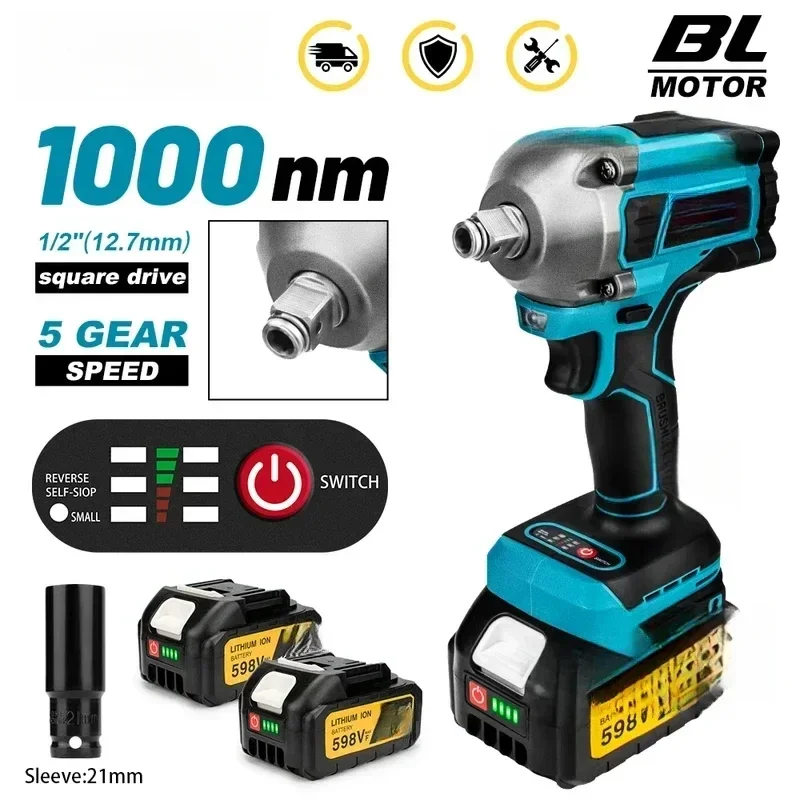 1000N.M Torque Brushless Electric Impact Wrench 1/2 inch Cordless Wrench Screwdriver Power Tools for Makita 18V Battery