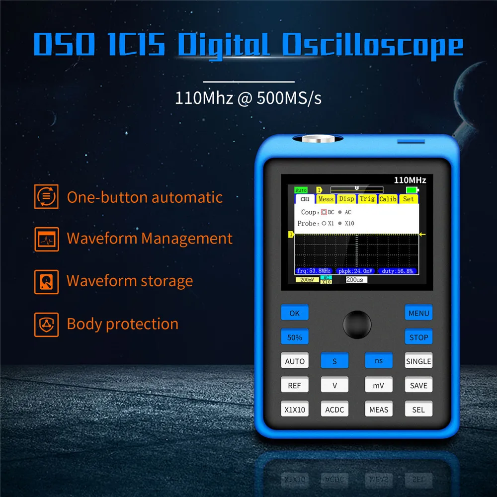 DSO1C15 2.4-inch screen digital oscilloscope 500 MS/s sample rate 110MHz analog bandwidth