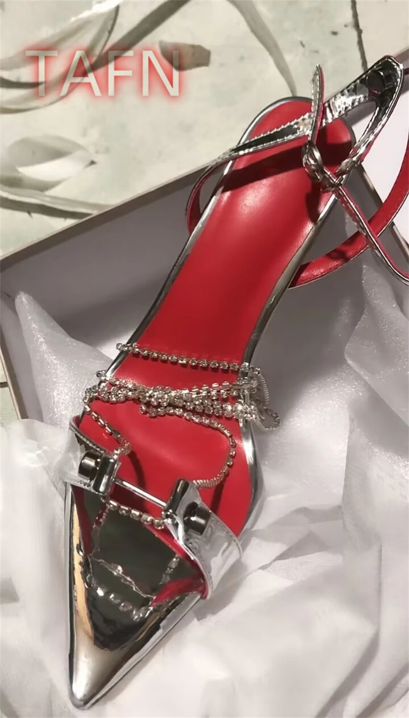 

Женские металлические босоножки на высоком каблуке с острым носком, туфли-стилето унисекс, босоножки с цепочкой из кристаллов на щиколотке, модная женская обувь, размер 45