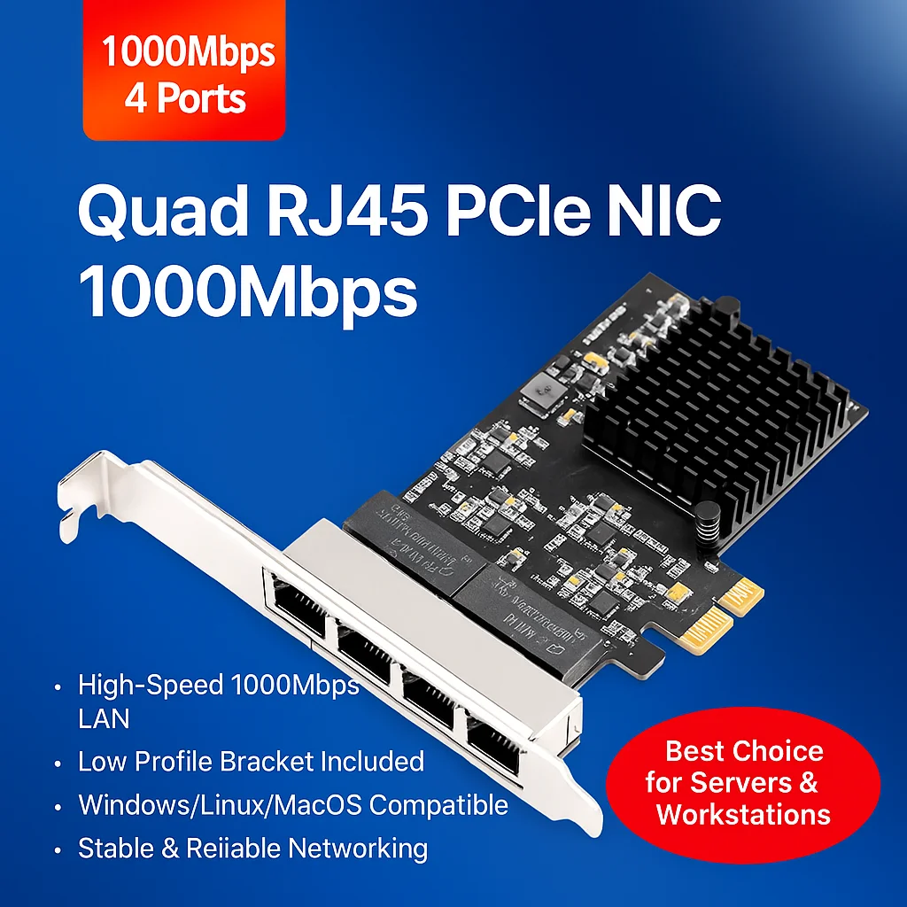 Quad Port Gigabit Network Card PCIe 4 RJ45 Rtl 8111H Low Profile Bracket NIC 1000Mbps RJ45 Adapter for Desktop Server PC LAN