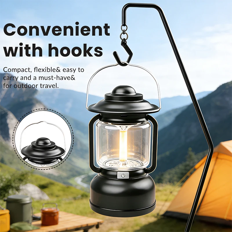 New Retro Camping Lantern Multi-Light Source Portable Tent Light USB-C Rechargeable 7 Modes Candlelight-Style Ambient Lighting
