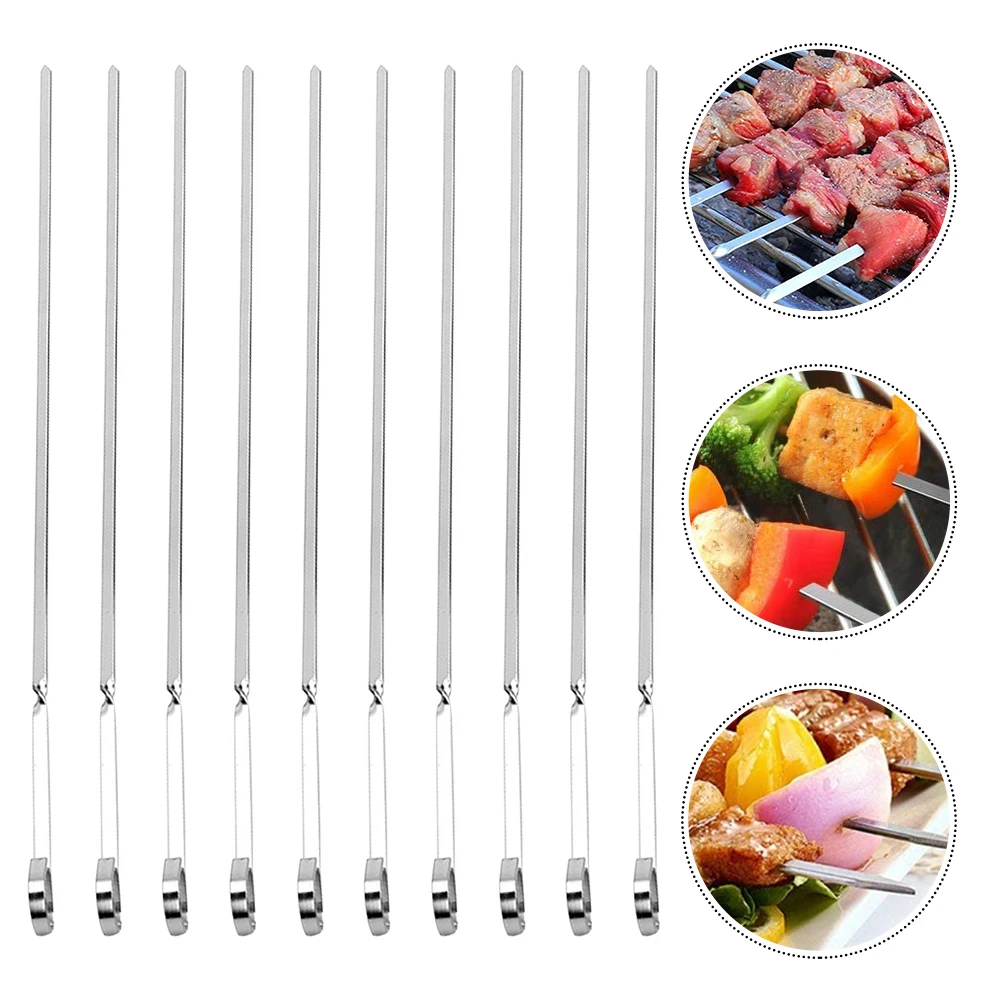 

10 Pcs BBQ Skewers Stainless Steel Barbecue Stick Grilling Tools Flat Design Reusable Picnic Needle Sets Outdoor Kitchen