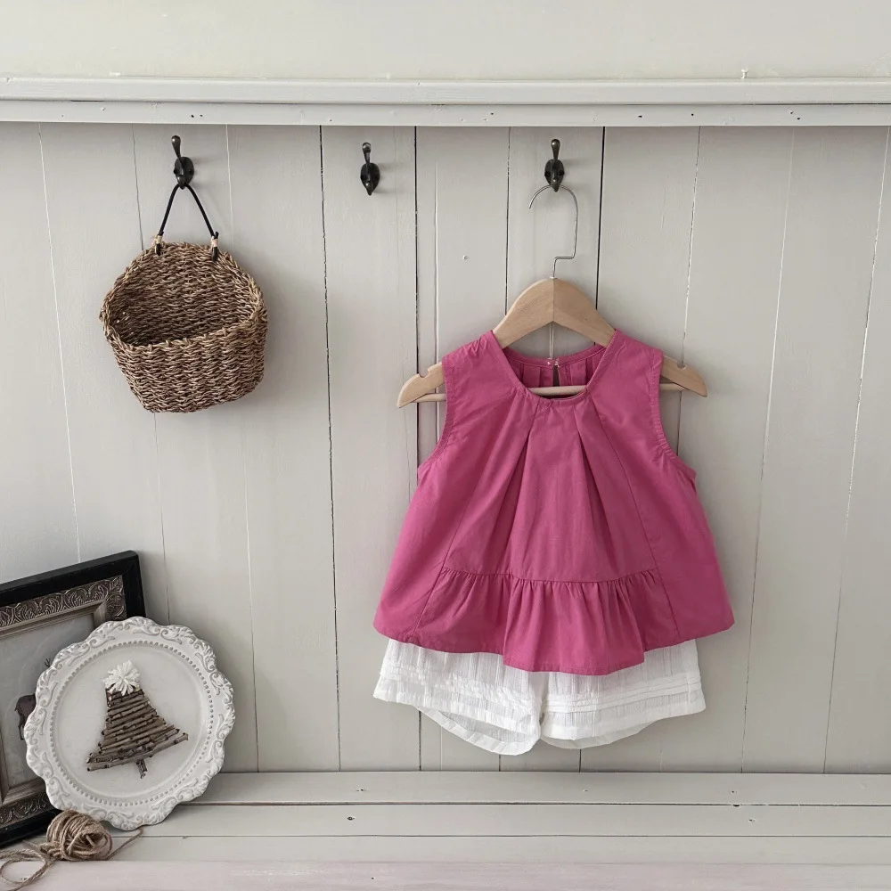 Girls Suit 2026 Spring and Summer New Children's Clothes Baby Girls Sleeveless Doll Shirt Vertical Strip Loose Shorts Two Sets
