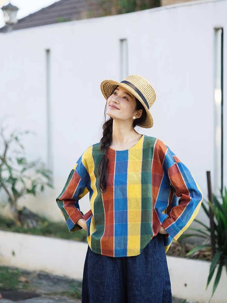 

Loose Fit round Ne Long Sve T-irt Haned Flax Cotton Embroidered Fabric ort T for Women Spring Summer