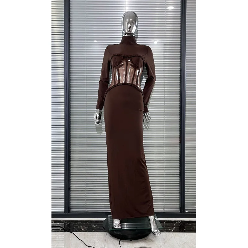 جديد وصول المرأة مثير شير سترة الخصر مقصوص Bodycon الكاكاو اللون ضمادة فستان بسيط أنيق حفلة ثوب مسائي
