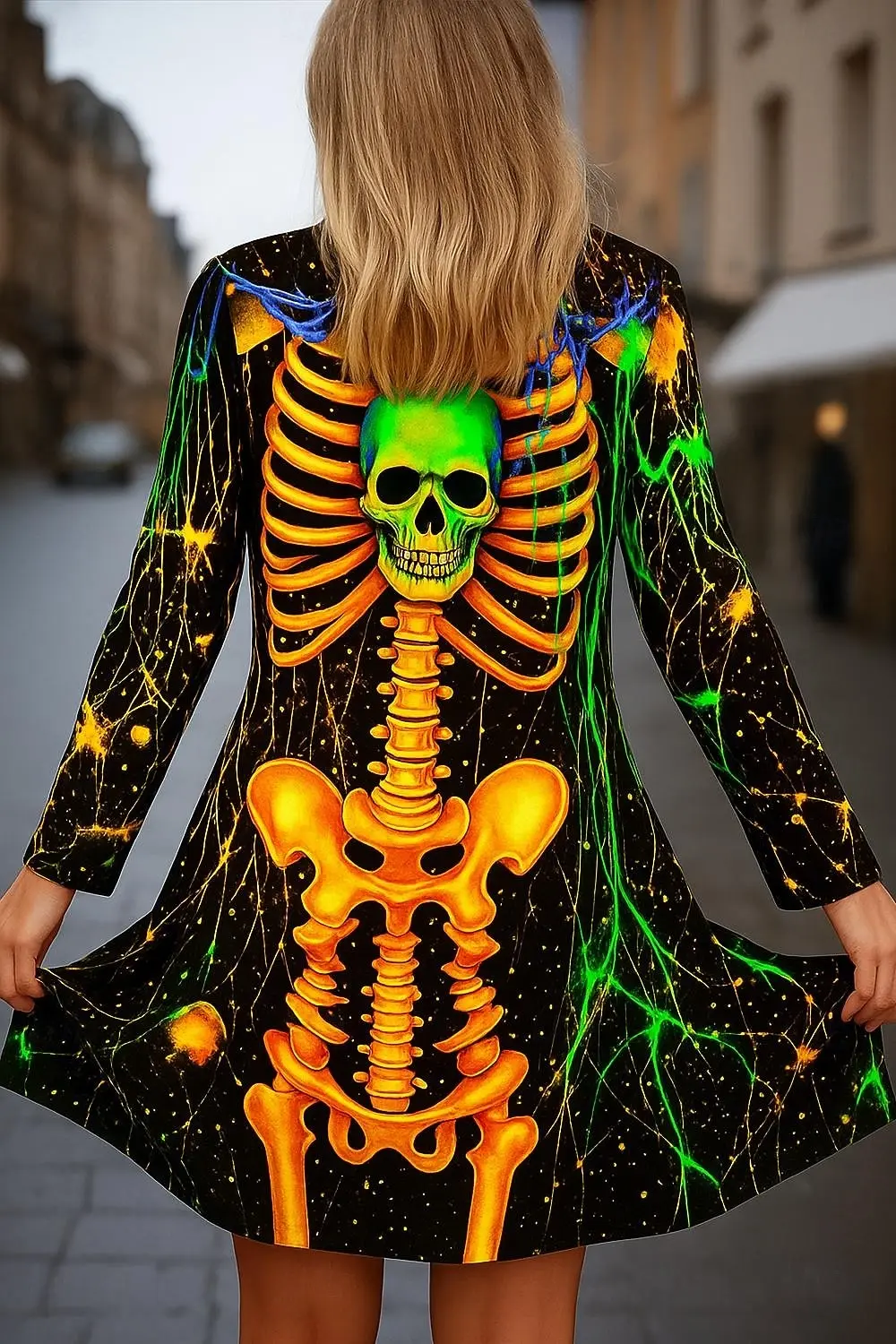 할로윈 여성용 3D 프린트 네온 해골 긴 소매 카디건, 폴리에스테르 오픈 프론트, 경량 커버업, 봄 가을 캐주얼 코트