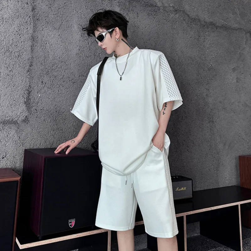 SYUHGFA New Fashion Men's Set Side Mesh Fabric Spliced Shoulder Pad Short Sleeve T-shirt Casual Shorts 2024 Summer Male Suit