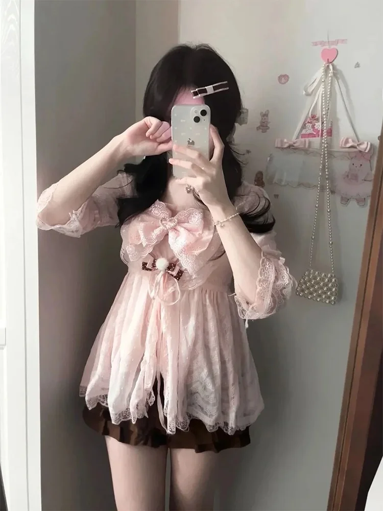

Vintage Pink Halter Dress Cardigan Brown Skirt Three-piece Set Women Summer Fashion Sweet Style Casual Work Date
