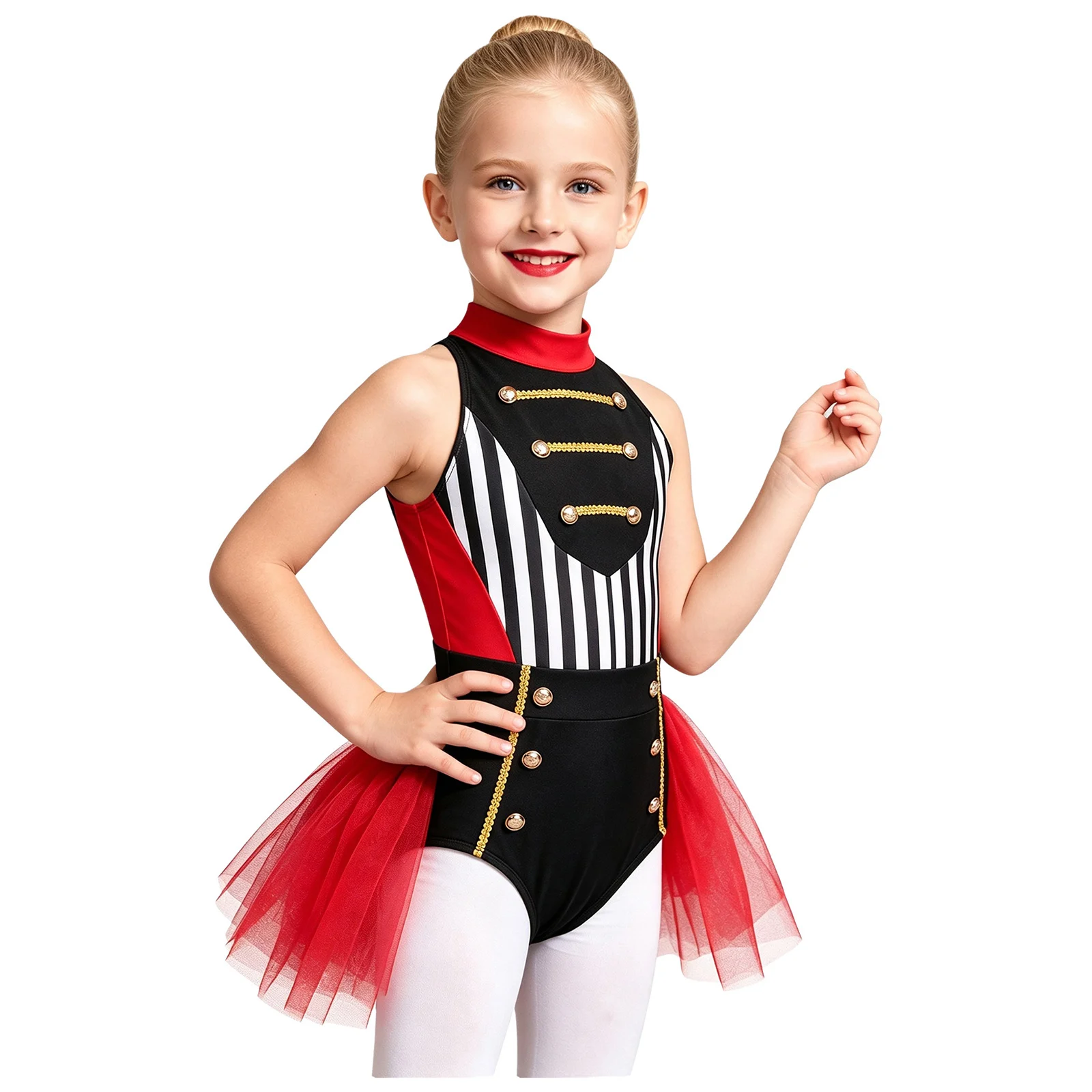Kids Girls Halloween Circus Ringmaster Cosplay Costume Ballet Skating Gymnastic Leotard Halter Sleeveless Tulle Skirted Bodysuit