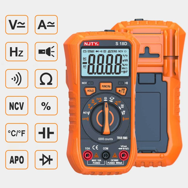 NJTY S18D/A multimetr cyfrowy ręczny woltomierz pojemność rezystancja dioda tester temperatury podświetlany LCD AUTO zakres AC/DC
