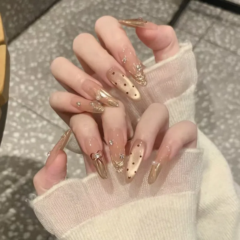 

10 Pcs Golden Fake Nails Wedding Bride Long False Nails Aesthetic Korean Press on Nails Prosthetic Nail Set with Box and Tools