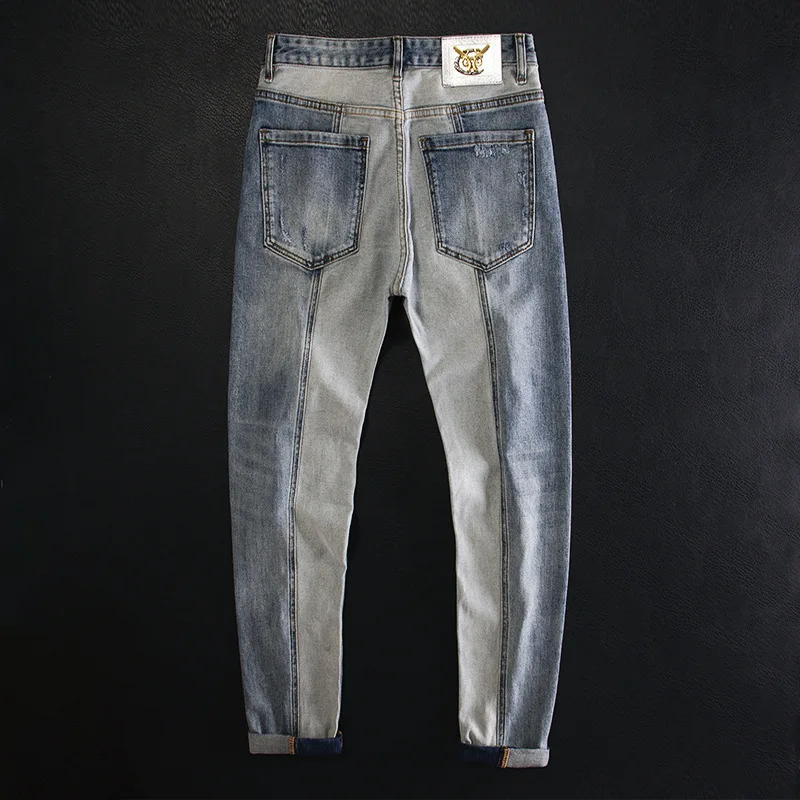 

Light Color Ripped Patchwork Color Block Slim Fit Stretch Jeans for Men High-End Motorcycle Style Trendy Pants