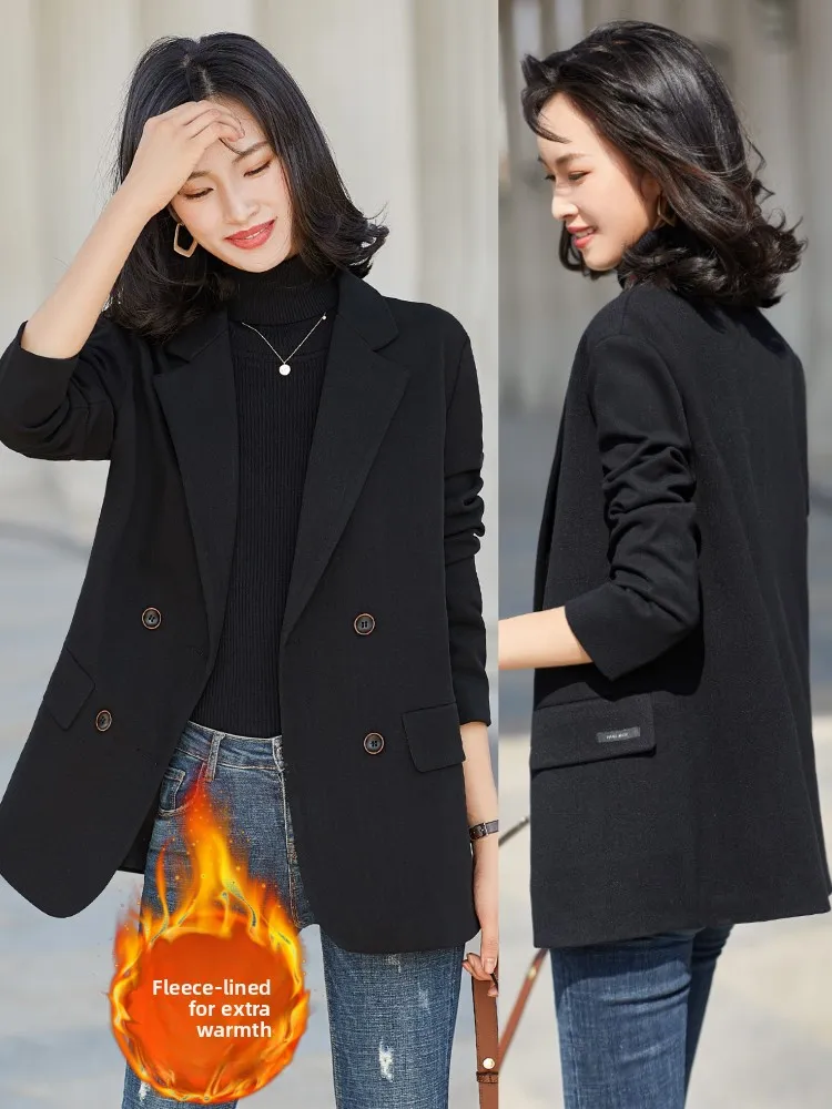 

Women's Woolen Suit Jacket Thickened Winter Coat Black Cotton Lined Large Size Korean Style Commute Pure Color Long Sleeve