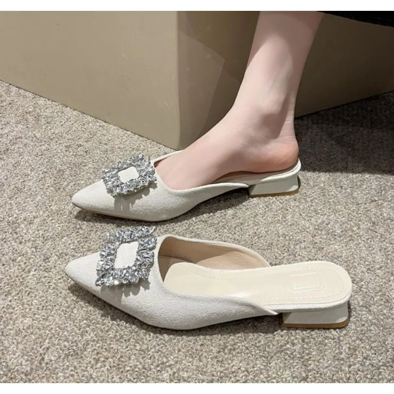 Designer New Spring Autumn Metal Decoration Crystal Slippers Women  Pointed Toe Stripper High Heels Party Prom Lady Shoes