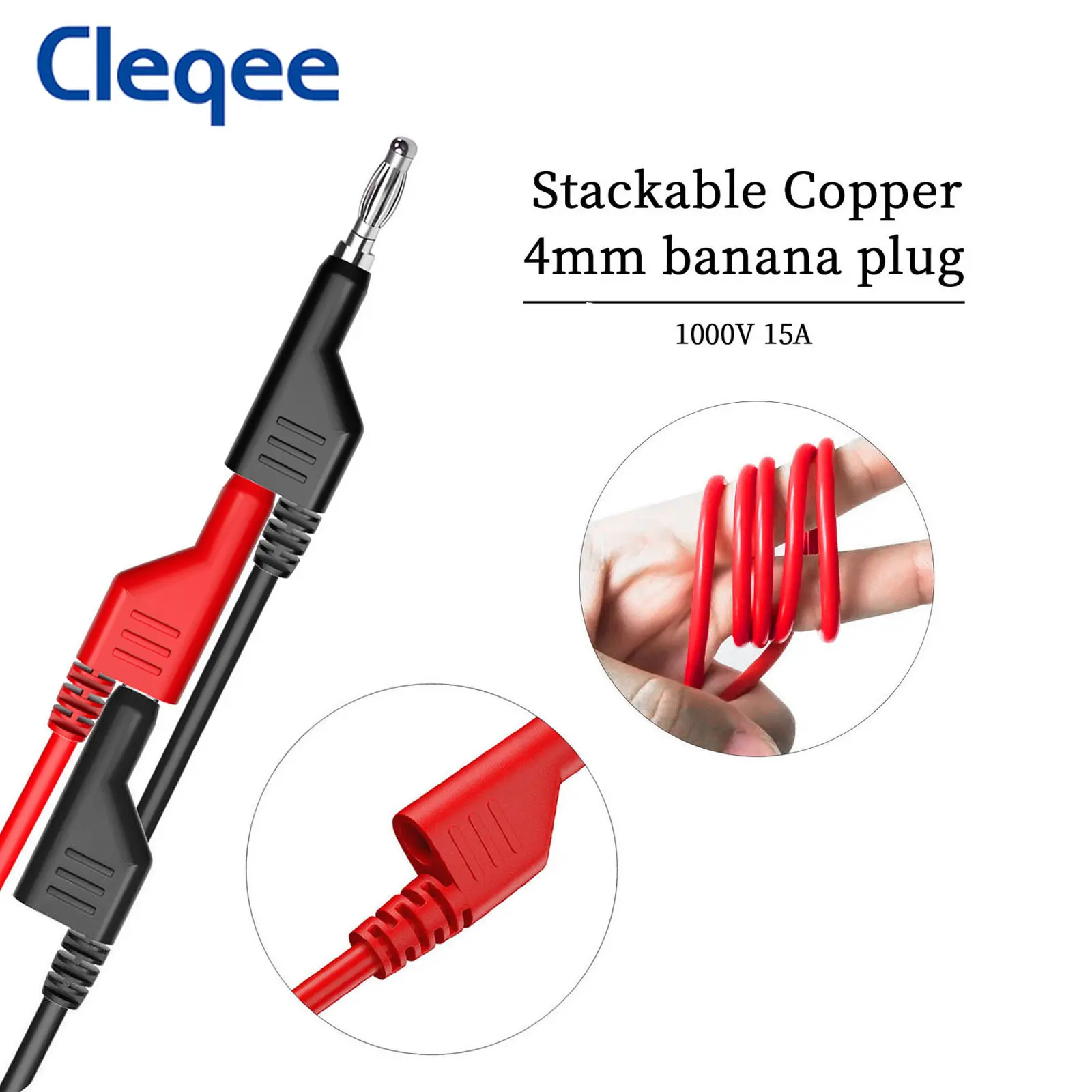 Cleqee P1044 5PCS 4mm Stackable Banana Plug To Red Copper Alligator Clip Test Leads Durable Test Cable for Multimeter 1M