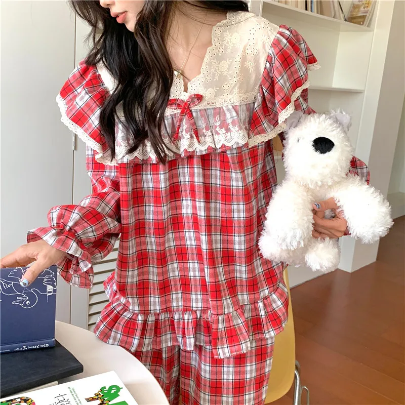 New Warm Ins Winter Autumn Long Sleeve Korean Sweet Plaid Pajamas Set Women Lace Couple Set Princess Long Sleepwear Cotton