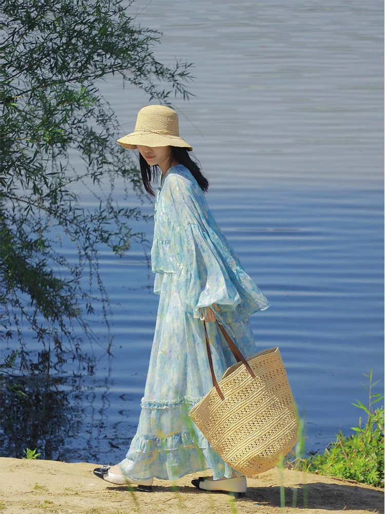 新中式スレフェアリーゴールドプリントルーズランタンスベイトロングスカートツーピースセット初秋2025新エレファイオン...