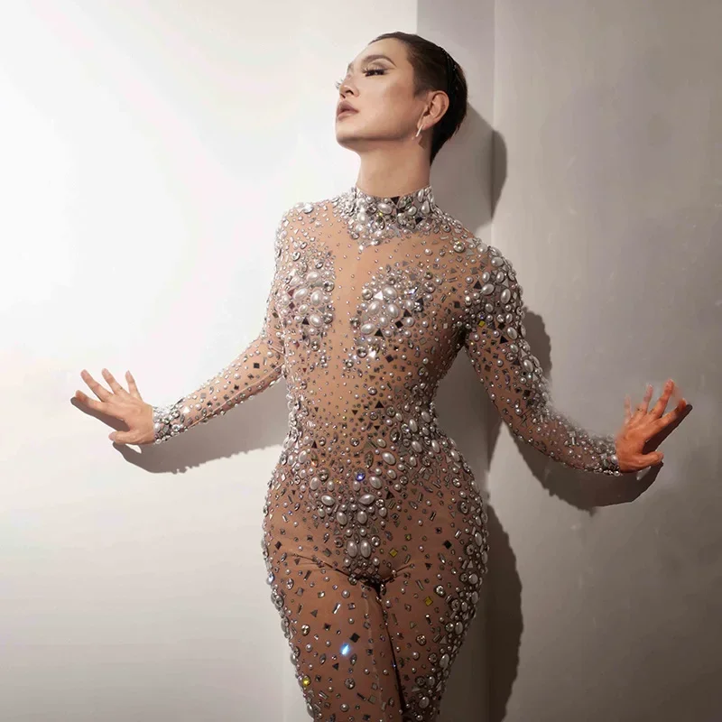 

Sexy Diamond Mesh jumpsuit Performance Costume Women Bodycon Club Party Bodysuit See Through Pearl Rhinestones Dance Stage Wear