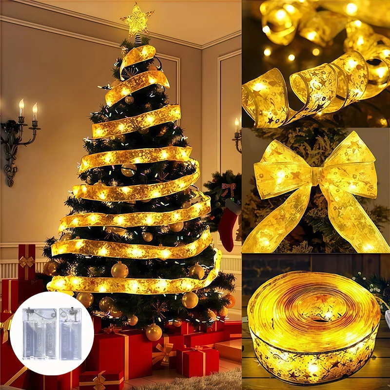 Battery Box Ribbon String Lights Gold Silver Foil 2M20LED-10M100LED Warm White Colorful Indoor Party Holiday Decoration