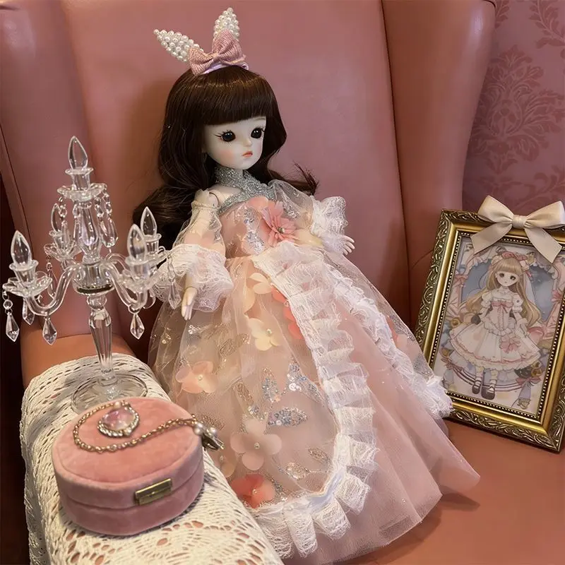Peach Pink 3D Flower Luxury Princess Gown for 1/6 Bjd 30Cm Dolls Lace Sequin Doll Clothes with Headband