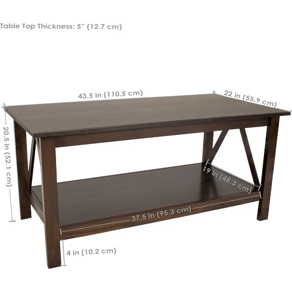 Dark Wood Coffee Table with Storage Shelf - Indoor Solid Pine Wood Center Table for Living Room - Dark Brown - 43.5 W