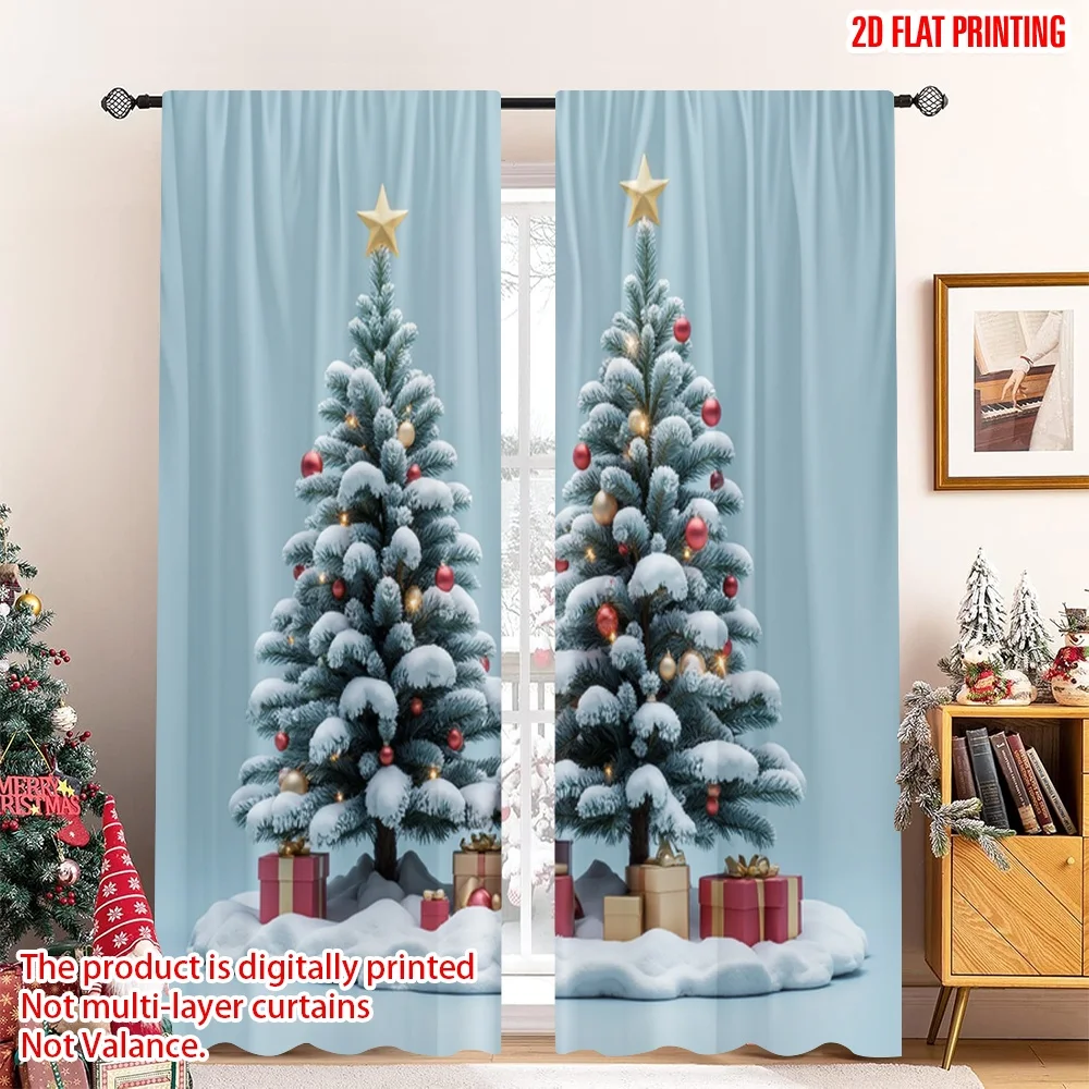 

2pcs 2D flat printing Merry Christmas Popular Window Curtains Christmas Tree Gifts Snow Polyester Without Electricity Party &