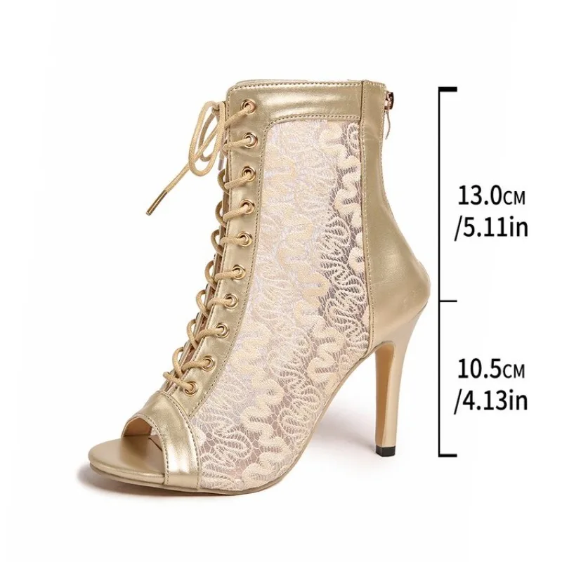 Women's Ankle Boots Open Toe Stiletto Heel Lace Up Mesh Panel Dressy Evening Party Footwear Featuring Back Zipper Closure Set