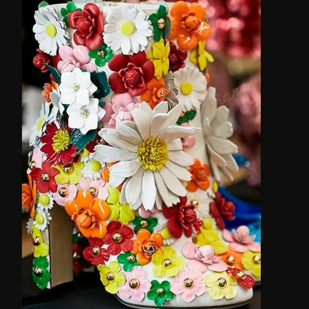 Artificial Flowers Decor Ankle Boots Chunky High Heels Fashion Sexy High Heel Shoes for Women Heels 2024 New Zapatos Para Mujere