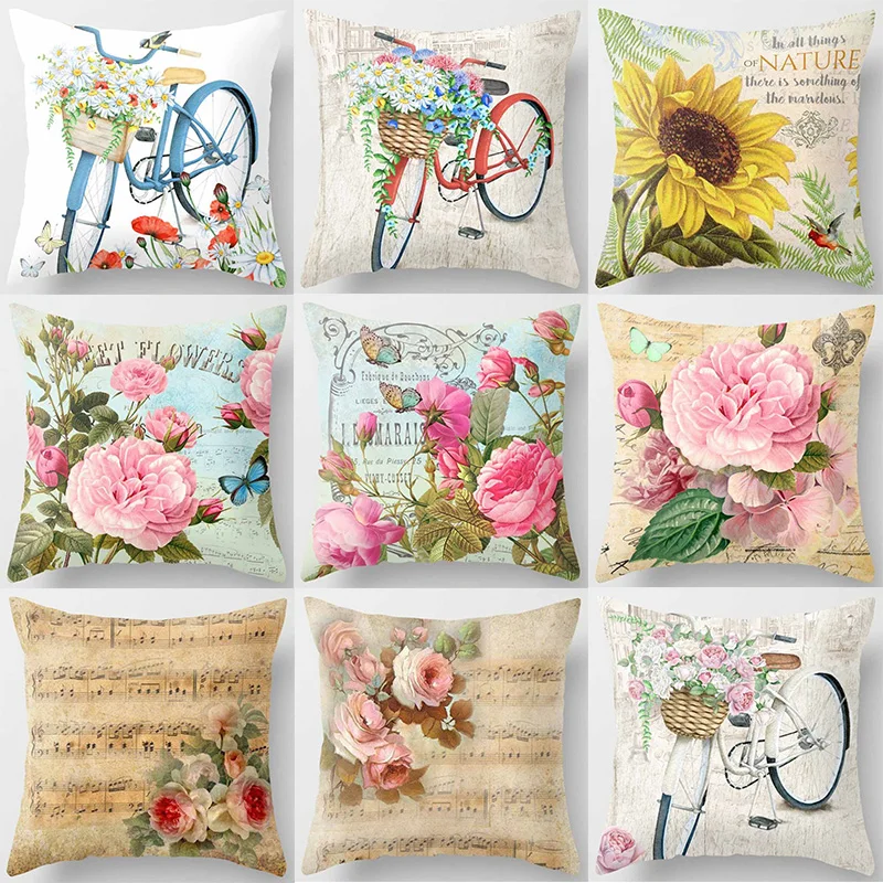 Vintage Bike Butterfly Sunflower Pink Peony Pillow Cases Short Plush Velvet  Thick  Pillow Covers Sofa Decoration Cushion Covers