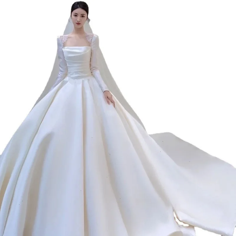 Boda de satén de seda Dr 2024 nuevo vestido de novia ligero Vintage Sle tamaño pequeño largo Sve Fing Princ traje de mujer