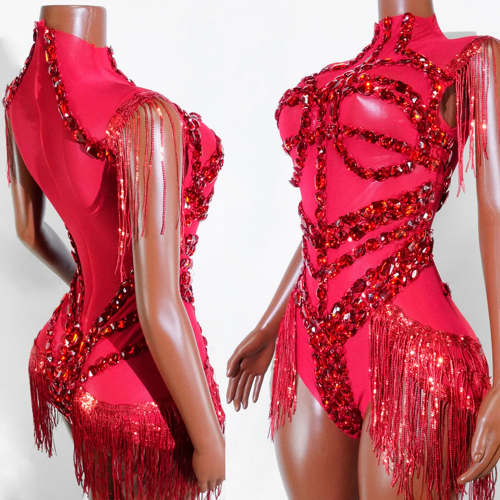 

Sexy Red Rhinestone Mesh See-through Fringe Bodysuit Show Stage Performance Dance Bar Wear Party Nightclub Drag Queen Outfit