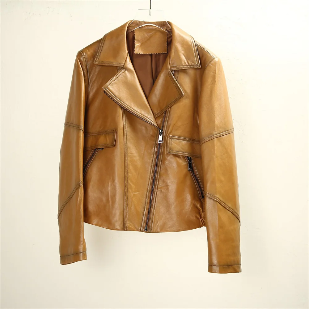 

2023 Genuine Sheepskin Leather Women Street Motor Bike Casual Natural Sheepskin Leather Overcoat