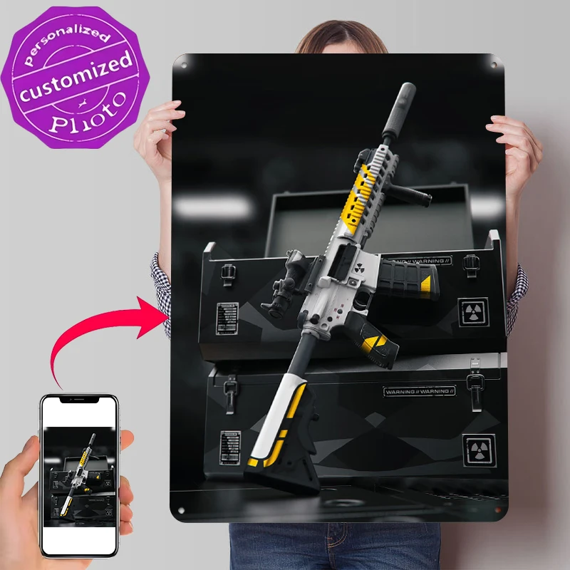 Modern Assault Rifle With Yellow Accents Tin Poster Customized Wall Art Retro Vintage Metal Signs for Fans Room Desk Decor Home