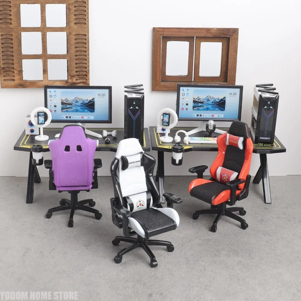 Micro 1:12 Gaming Chair Desk Model Kit, Mini Computer Host Figurine, Scene Layout Desktop Ornament for Home Decoration