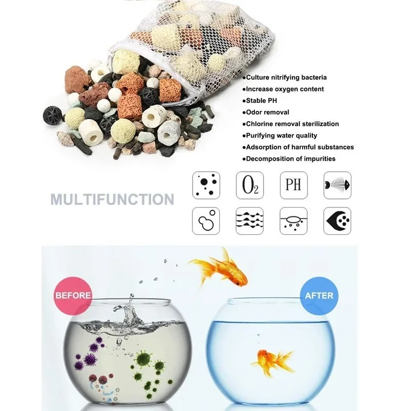 500g Aquarium Filter Media Fish Tank Accessories Ceramic Rings Activated Carbon Bio Balls Clear Water with Net Bags