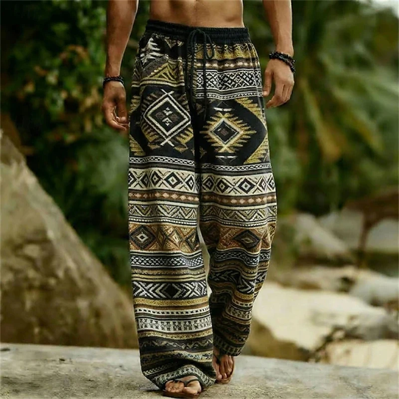 2026 Men's Retro Bohemian-Style Wide-Leg Pants Plus Size Loose-Fit Long Pants Fashionable Casual Beach Pants Men's Long Pants