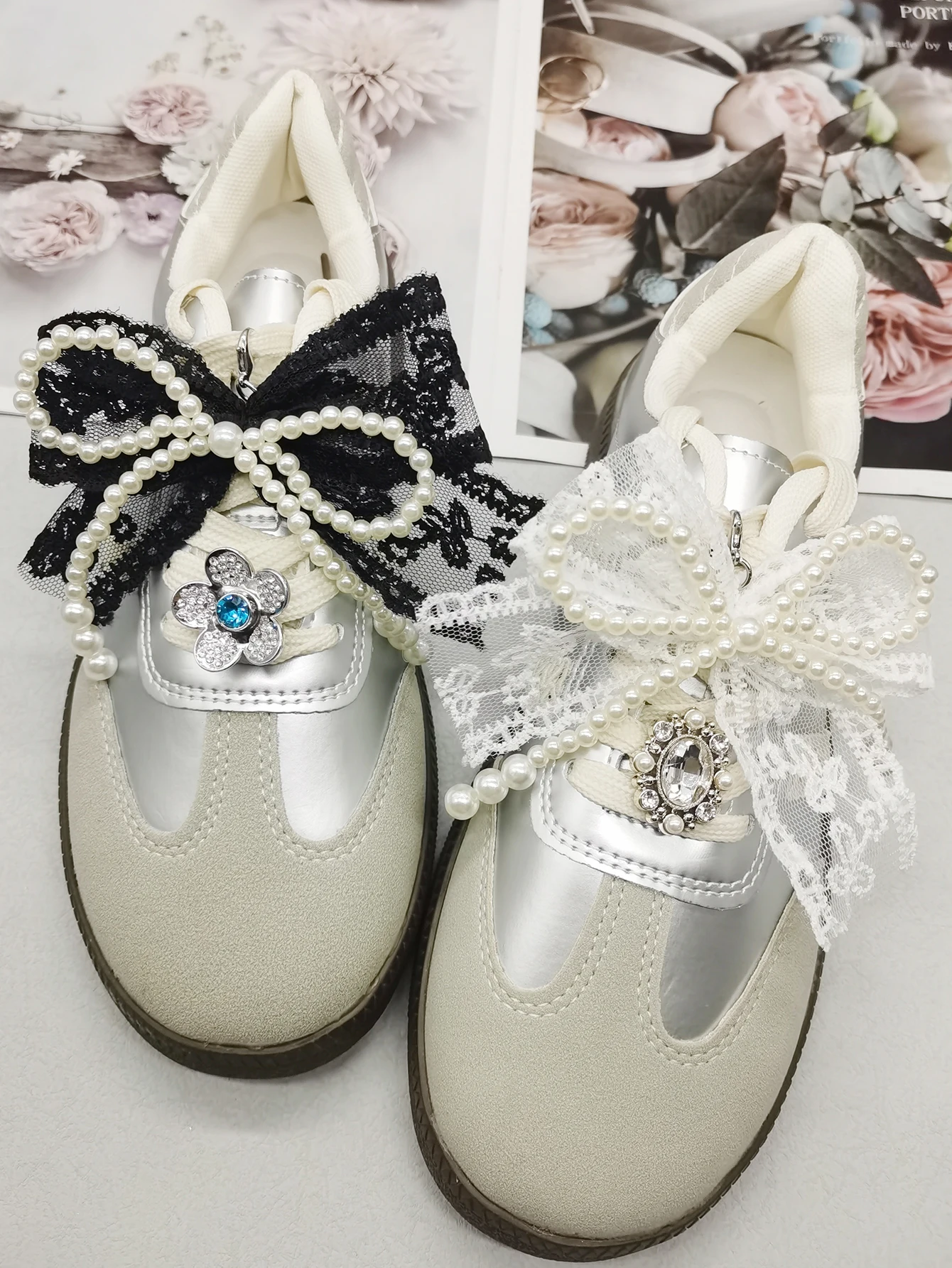 4PCS Barock Stil Spitze Bowtie Schuh Anhänger Blume Schnürsenkel Charms Schnürsenkel Schnallen DIY Dekorationen Schuh Clips Zubehör – Detail 7