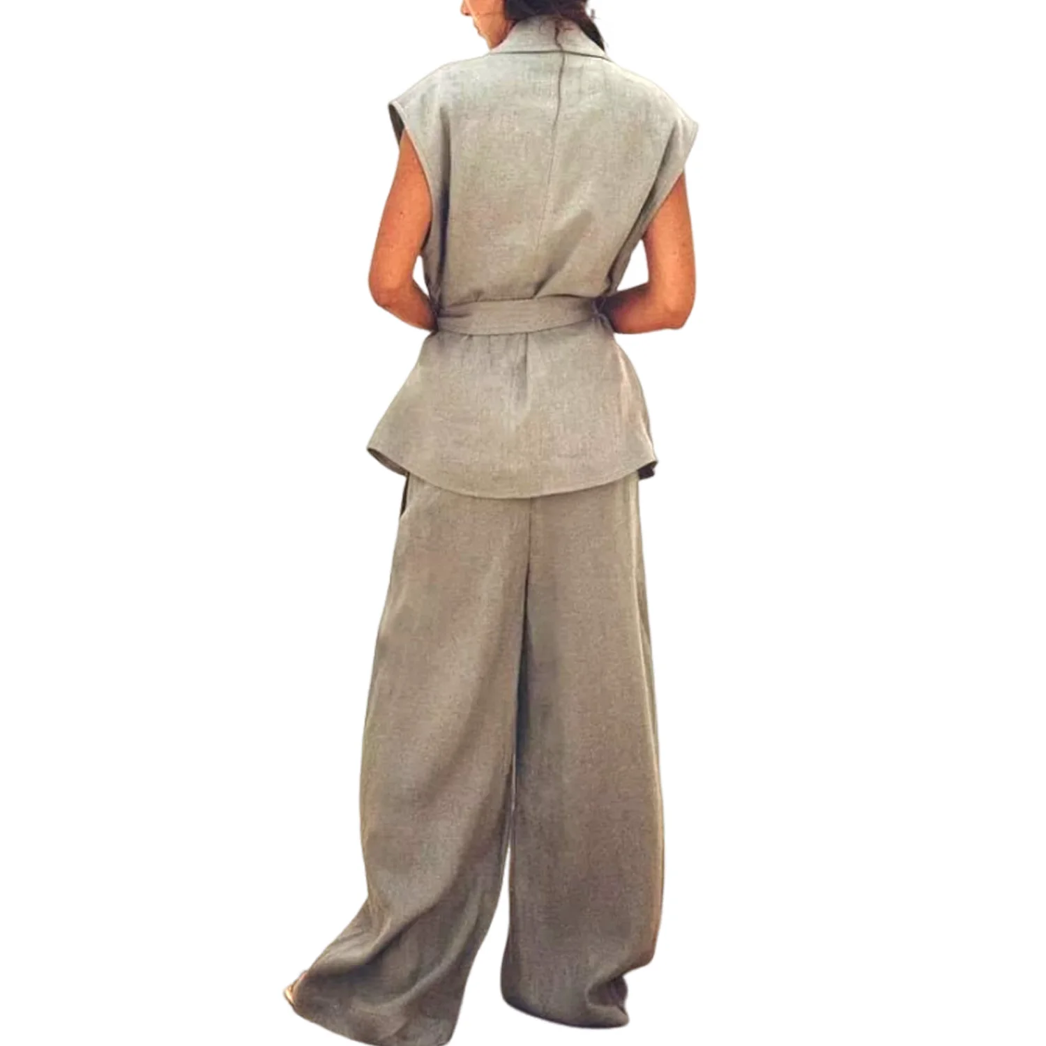 Women\'s Linen Vest with Belt and Vest Top Fashionable and Versatile Elastic Waist Wide Leg Pants Set New