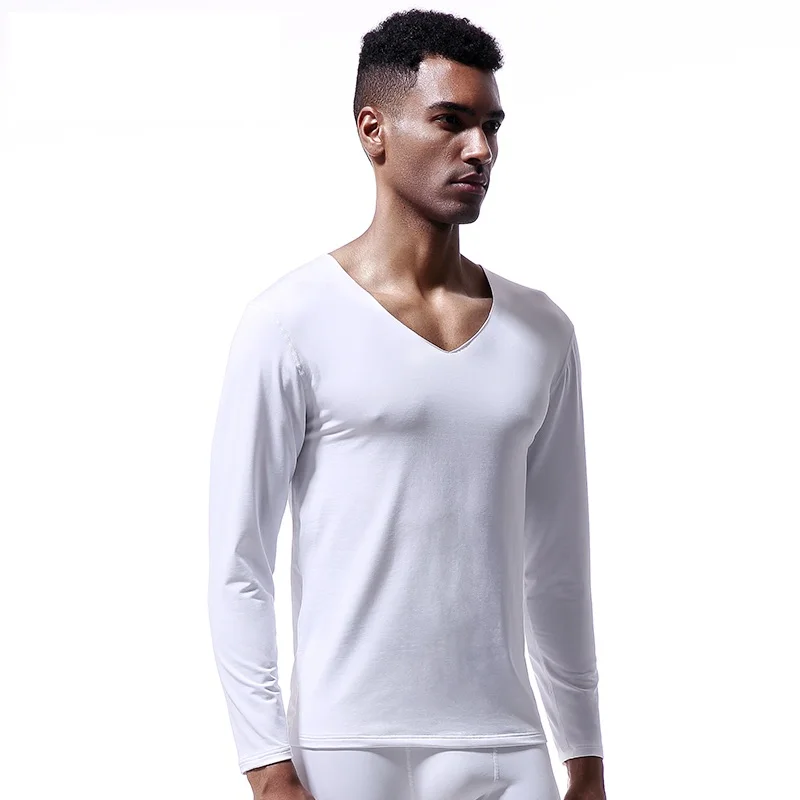 Men's Seamless Thermal Underwear Top V-Neck Winter Heating Fleece-Lined Slim Fit Thin Base Layer Autumn Cotton Shirt