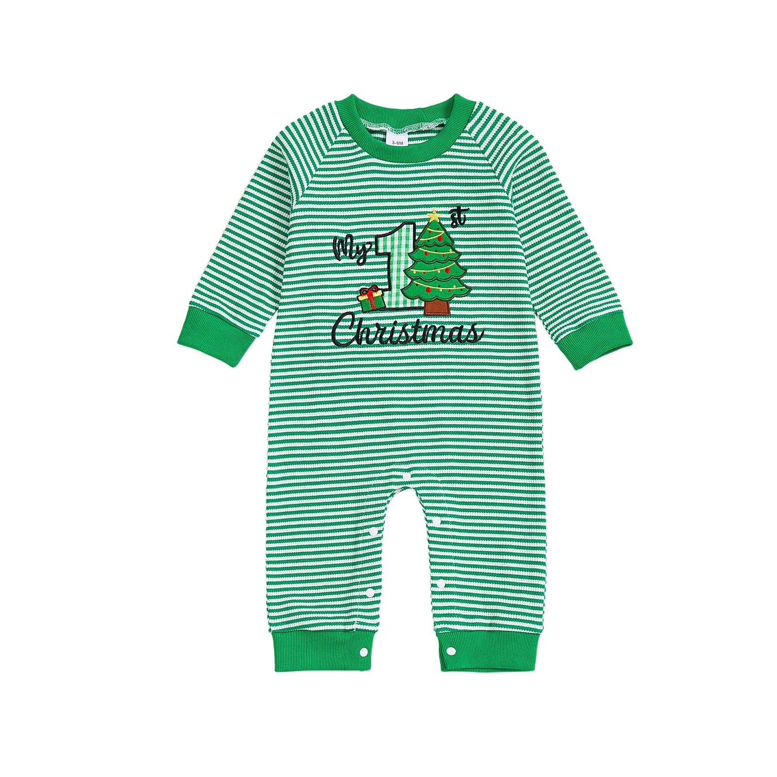 

Baby Christmas Striped Romper Tree Santa Long Sleeve Waffle Knit Jumpsuit Cute Winter Fall Clothes