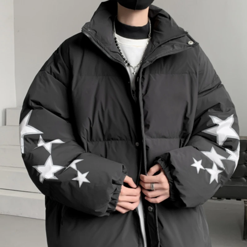 Casual Winter Down Jacket Mens American Fashion Star Letter Print Stand Up Collar Thickened Warm Loose Cotton Padded Parkas Coat