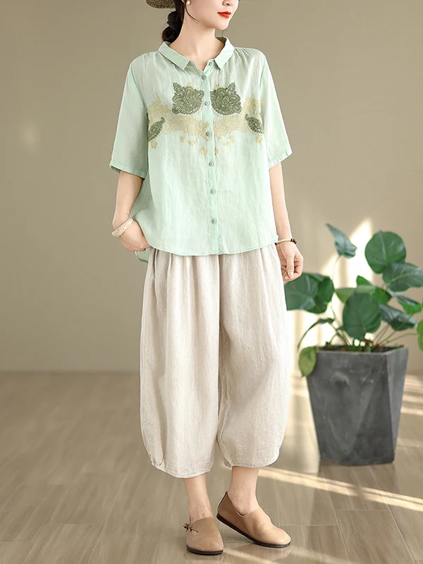 

Summer 2025 New Sle Women's Cotton Linen Loose Casual irt And Pants Set with Embroidery Retro Design plus Size Slimming
