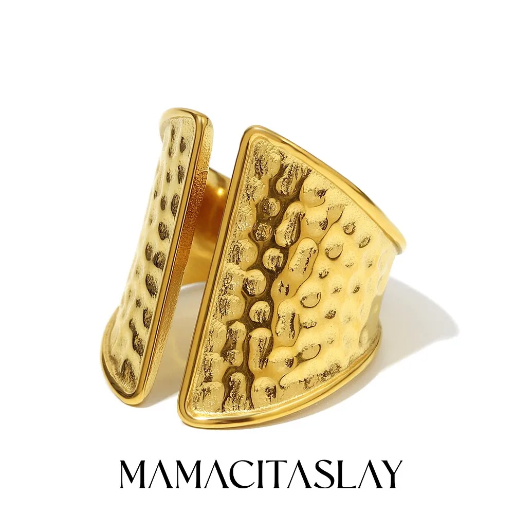 MamacitaSlay 316L Edelstahl Hammer gemusterter breiter Ring mit 18 Karat vergoldetem, wasserdichtem Schmuck, einzigartiger Damenring
