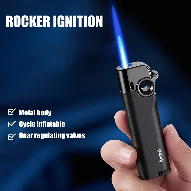 Rocker Ignition Inflatable Blue Flame Lighter Gear Adjustable Flame Size Compact Portable Metal Body Ignition Gadgets