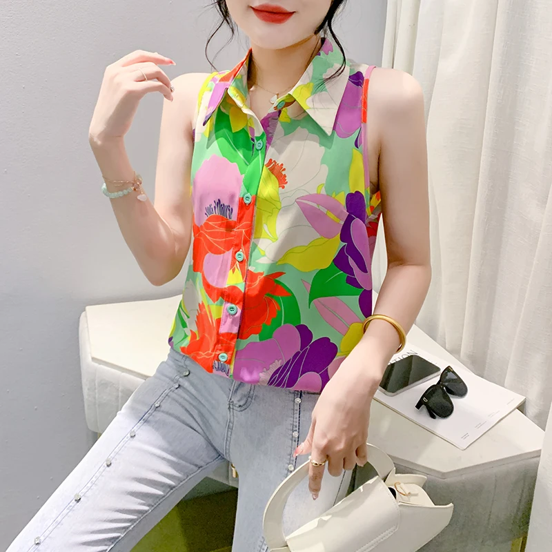 

2025 Summer Print Sleeveless Shirts for Women Fashion Slim Straight Women's Clothing Flower Single Breasted Blouse OL Women Tops
