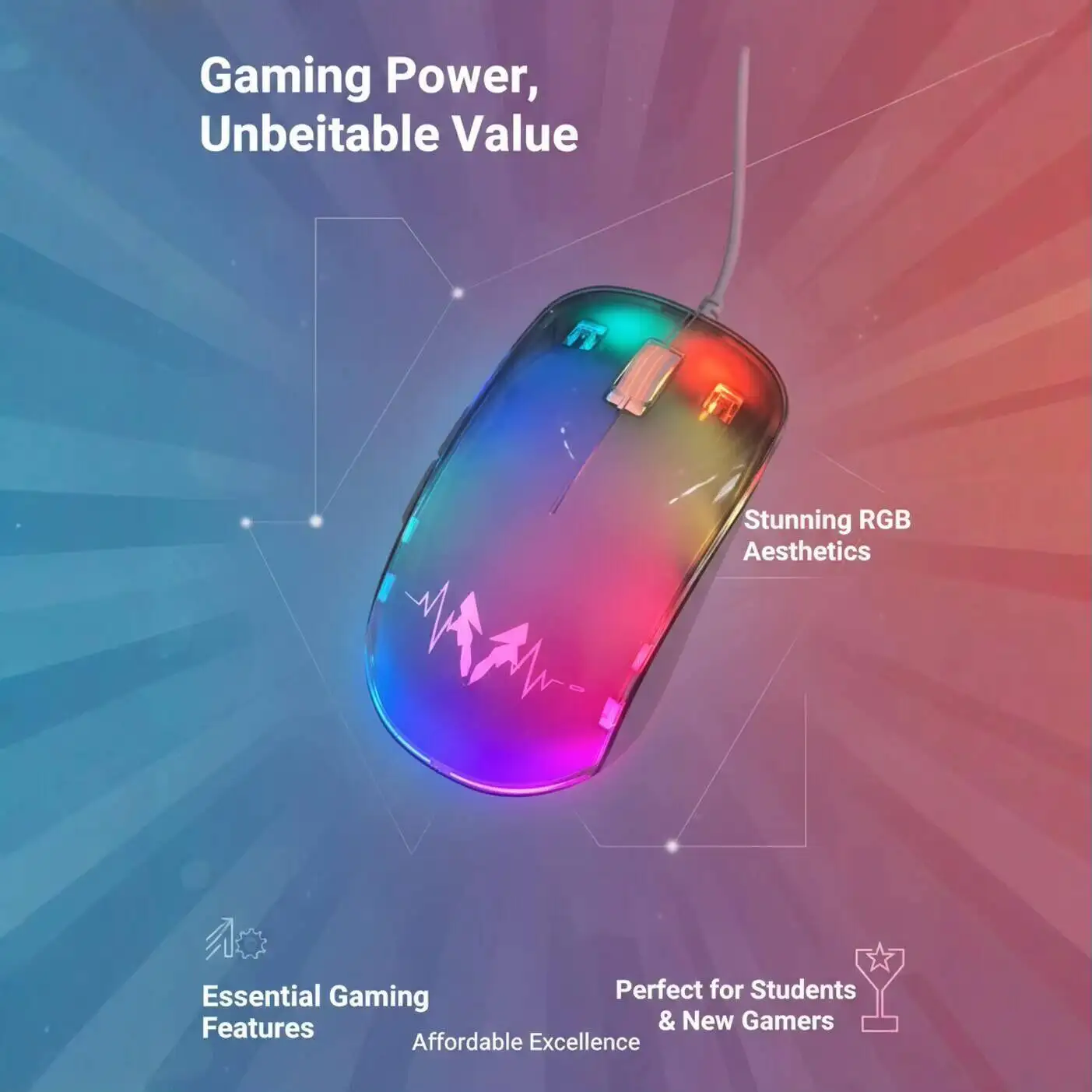 RGB Wired Gaming Mouse Cyberpunk Transparent Shell Dynamic Flowing Lights Ergonomic Mute Click Plug-and-Play Mice for PC Laptop