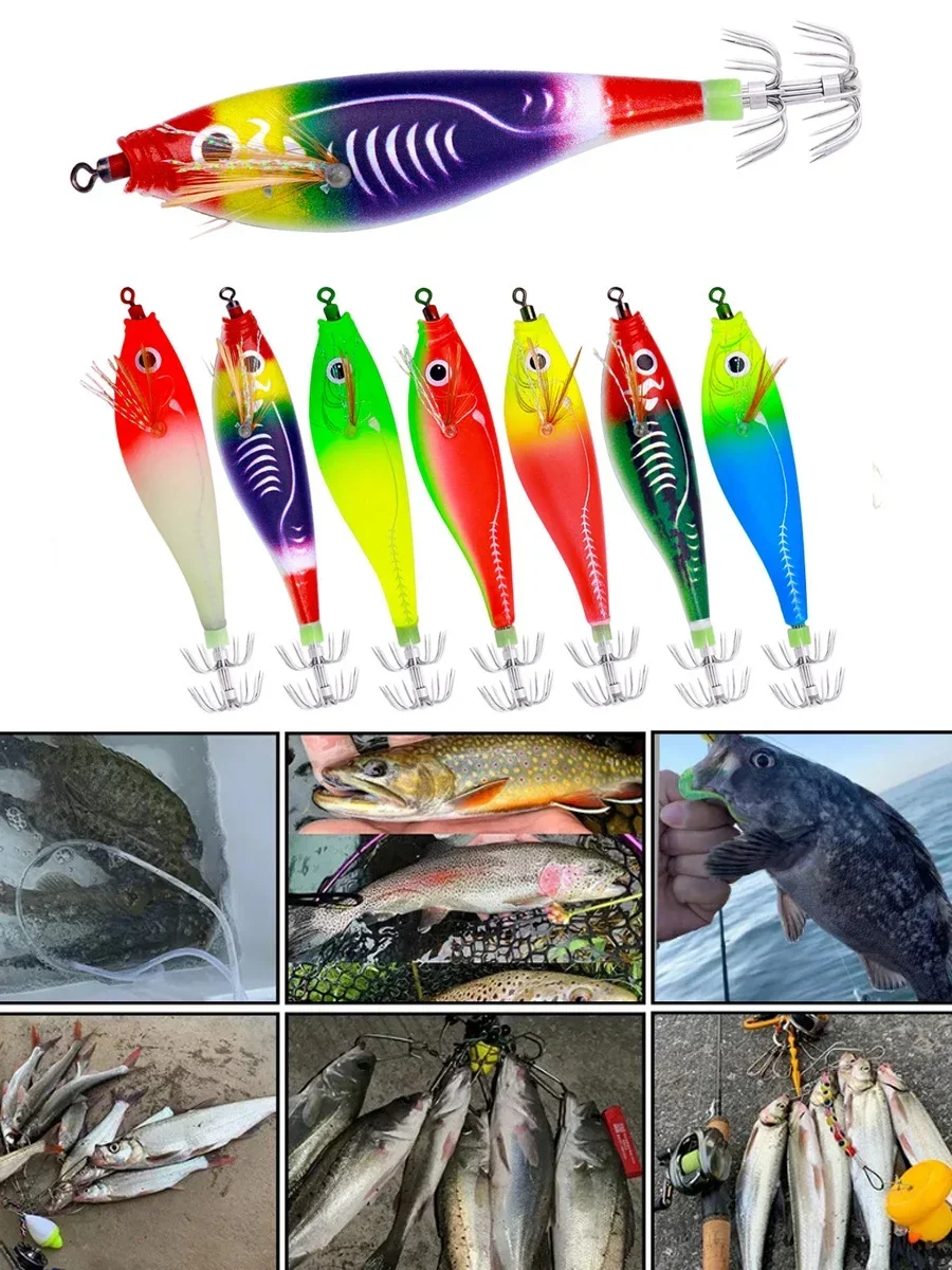 BRAVMACK 7er-Pack Garnelenköder, Angelköder mit Jigkopf, Tintenfisch-Jigköder, Leuchtender Schwanz, Salzwasser-Holz-Garnelenköder, Laser-Jig – Detail 7
