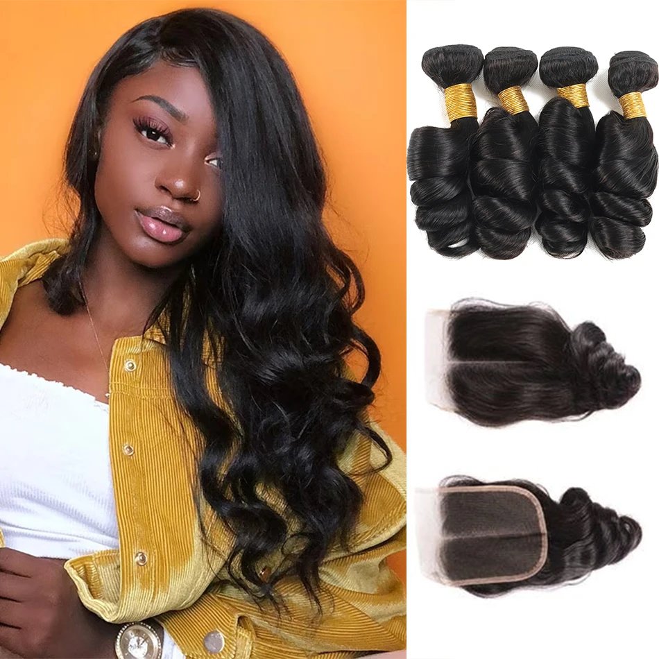 12A Loose Wave Human Hair Bundles With Closure Brazilian Virgin Human Hair Bundles With Swiss Lace Loose Deep Wave Natural Black