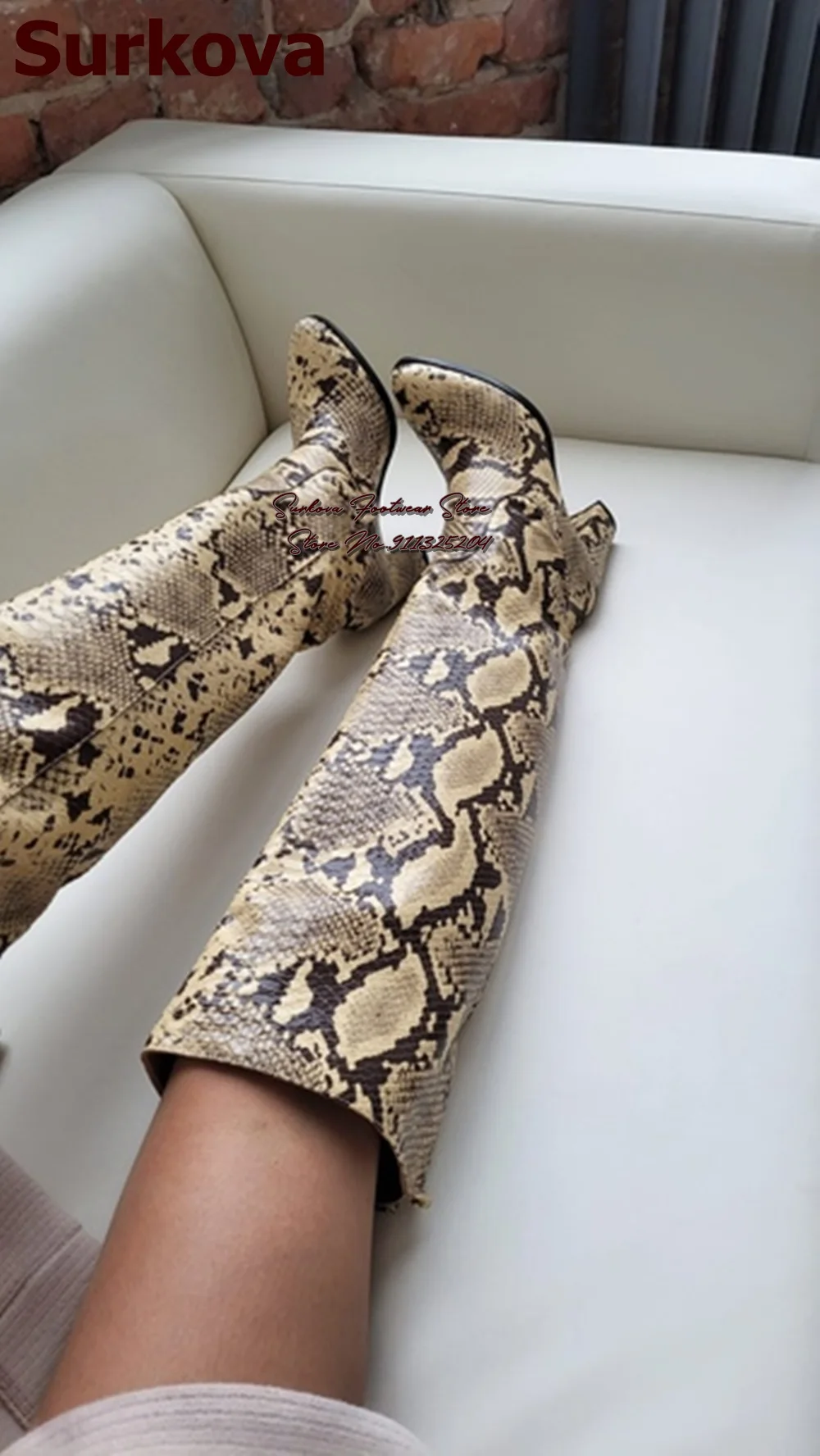 Surkova Sexy Beige Snakeskin Chunky Heel Knee Boots Lady Python Printed Elastic Band Tall Boots Fall Winter Folded Dress Shoes