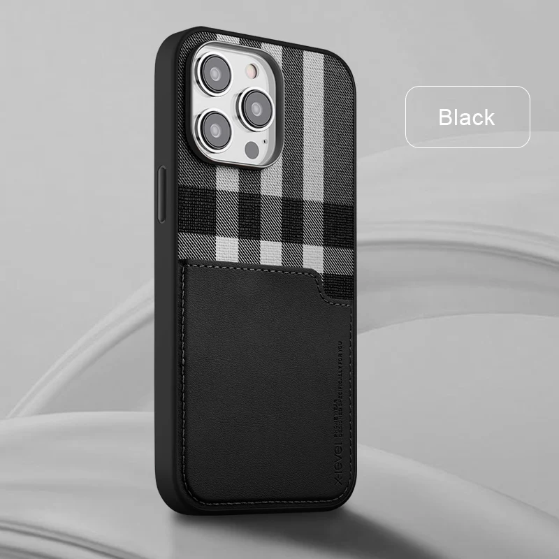 

Роскошный кожаный чехол для телефона X-level для Apple iPhone, задняя крышка с классическим клетчатым узором и карманом для карт, совместимая с pro Max 15.